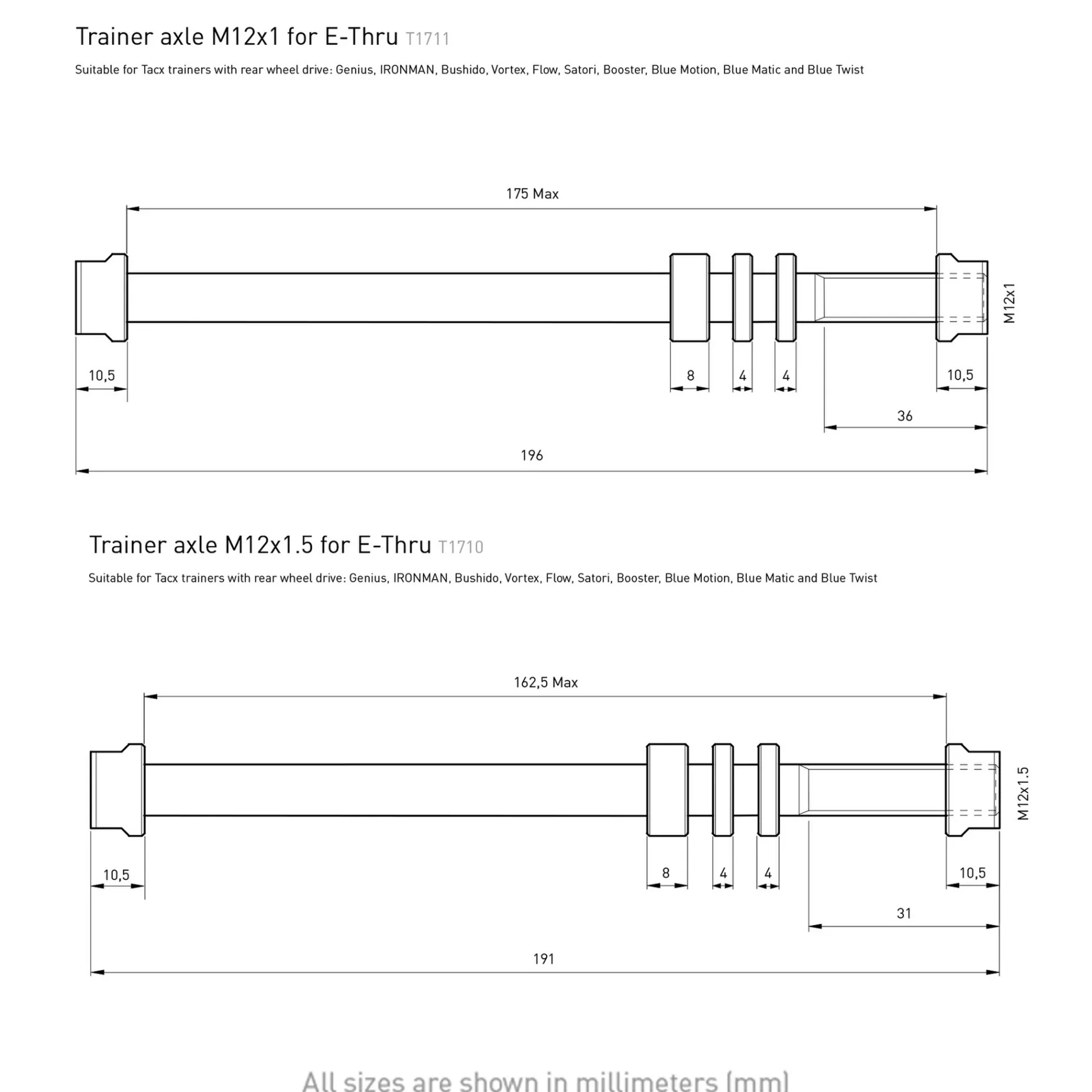 Tacx, E-Thru Axle Skewer 12 Mm X 1.75 Rear Wheel, Axel For Cykeltrainer
