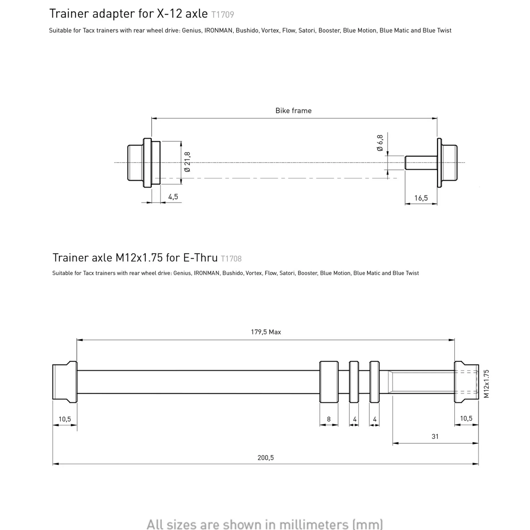 Tacx, E-Thru Axle Skewer 12 Mm X 1.75 Rear Wheel, Axel For Cykeltrainer